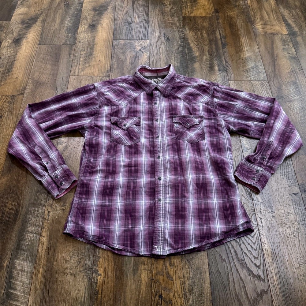Wrangler 20X Men Large Purple Plaid Western Pearl Snap Long Sleeve Shirt Cowboy